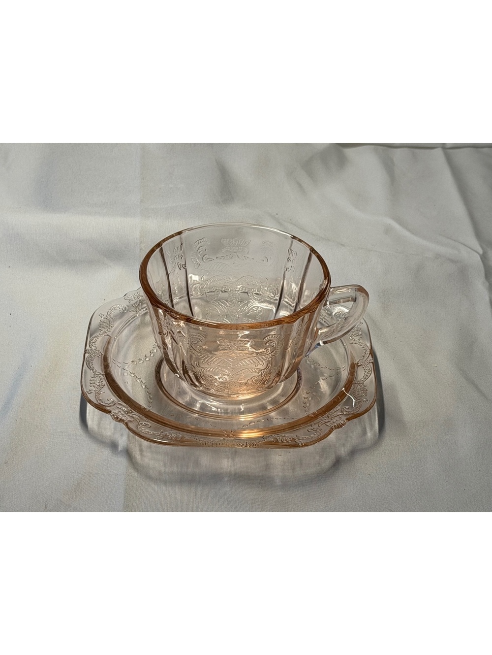 Jeannette Adam Pink Depression Glass Cup & Square Saucer Set Vintage 1932